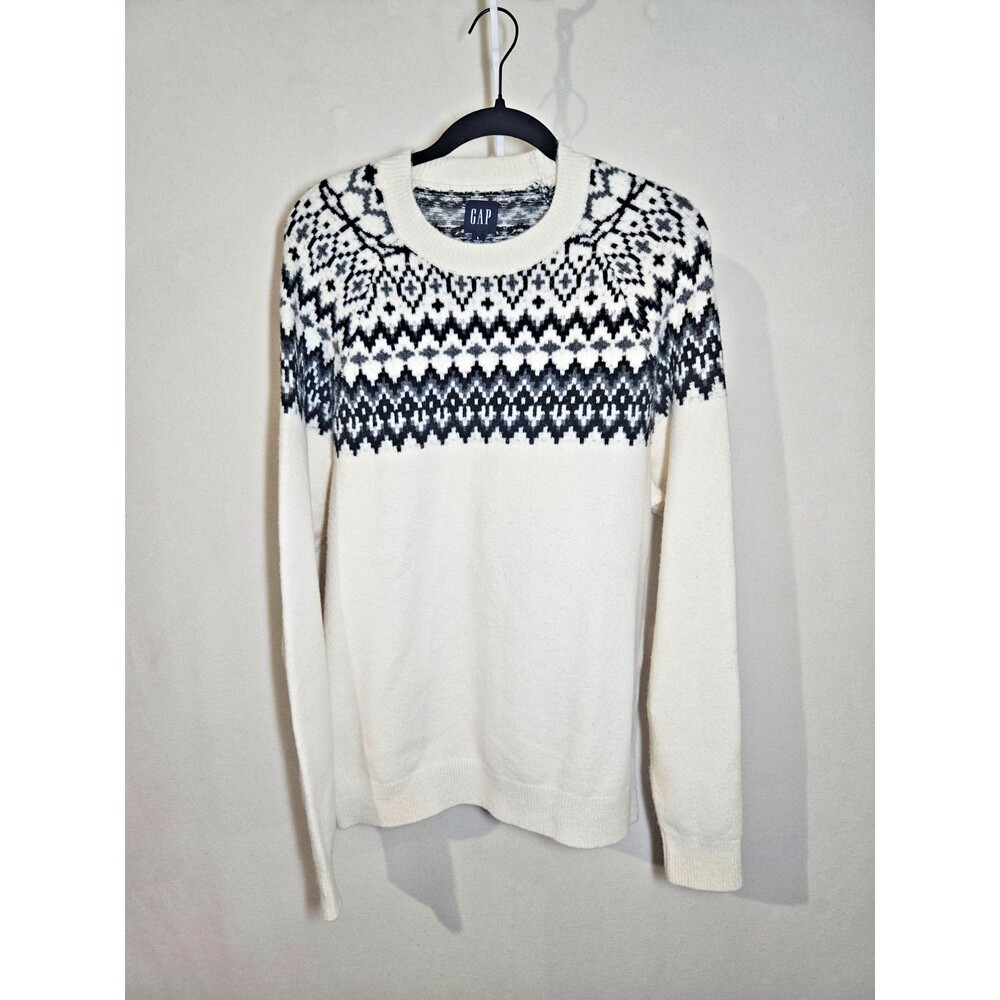 GAP Men's Large Crewneck Sweater Ivory Color With Black Fair Isle Pattern
